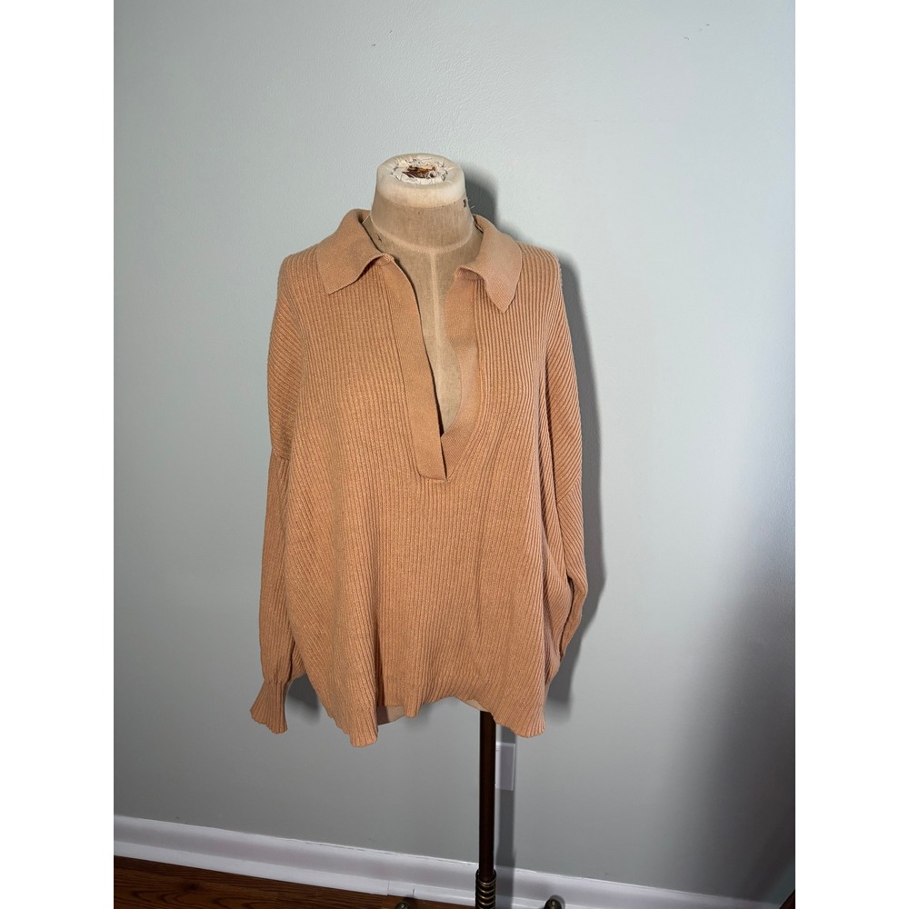 Eloquii Elements Ribbed V-Neck Polo Sweater Camel Tan Plus Size 18/20 Oversized